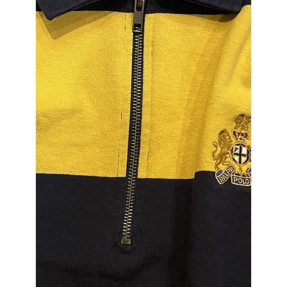 Y2K Vintage Polo RL Rugby Shirt XL Lion & Unicorn Crest Blue Yellow Stripe Zip - Picture 5 of 10